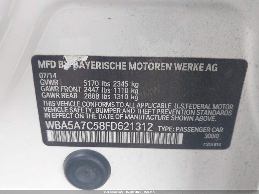2015 BMW 5er VIN WBA5A7C58FD621312 IAAI salvage auction — NORMAL WEAR, Salvage Title, sold $1,525 on 2026-07-23 (photo 9)