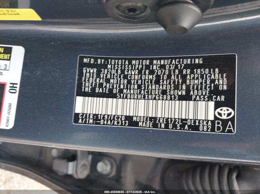 2017 Toyota Corolla VIN 5YFBURHEXHP668813 IAAI salvage auction — RIGHT SIDE, Salvage (Texas), sold $3,900 on 2026-07-29 (photo 9)