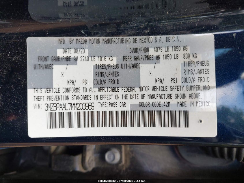 2021 Mazda 3 VIN 3MZBPAAL7MM203969 IAAI salvage auction — NORMAL WEAR, SF97 (Virginia), sold $15,400 on 2026-07-22 (photo 9)