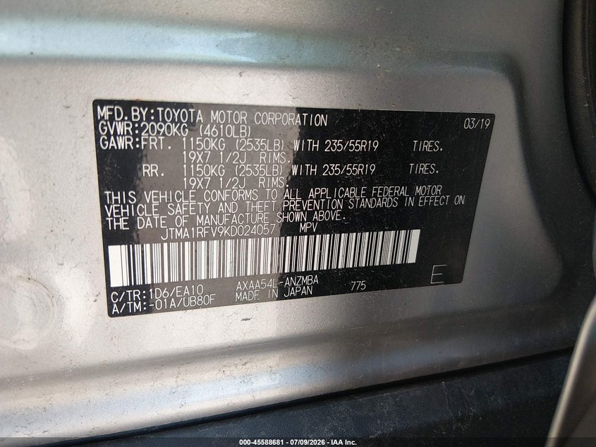 2019 Toyota Rav 4 VIN JTMA1RFV9KD024057 IAAI salvage auction — HAIL, Salvage Title, sold $10,500 on 2026-07-28 (photo 9)