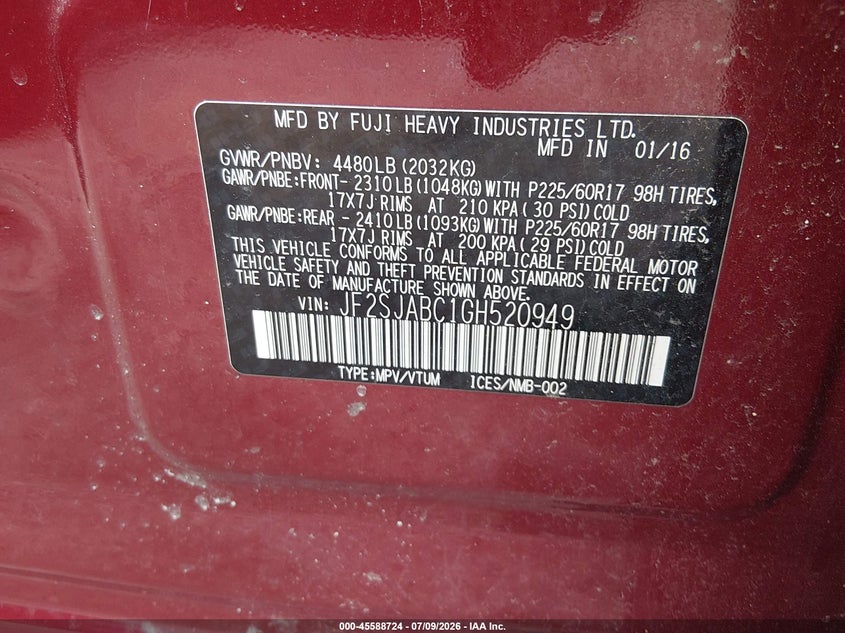 2016 Subaru Forester VIN JF2SJABC1GH520949 IAAI salvage auction — FRONT END, Salvage (Ohio), sold $25 on 2026-07-28 (photo 9)