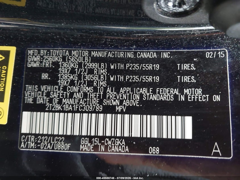 2015 Lexus Rx 350 VIN 2T2BK1BA1FC309789 IAAI salvage auction — NORMAL WEAR, Clear (Illinois), sold $8,075 on 2026-07-15 (photo 9)