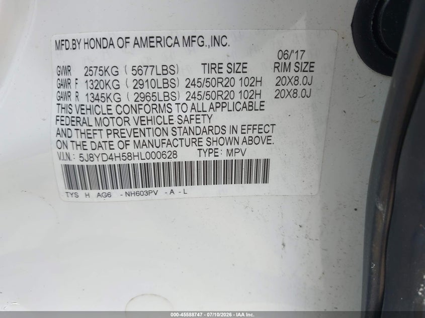 2017 Acura Mdx VIN 5J8YD4H58HL000628 IAAI salvage auction — SIDE, Mv-907A (New York), sold $6,800 on 2026-07-28 (photo 9)