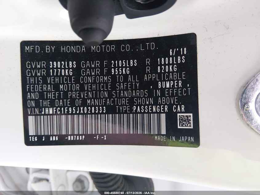 2018 Honda Civic VIN JHMFC1F95JX028333 IAAI salvage auction — NORMAL WEAR, Clear (Tennessee), sold $3,050 on 2026-07-22 (photo 9)