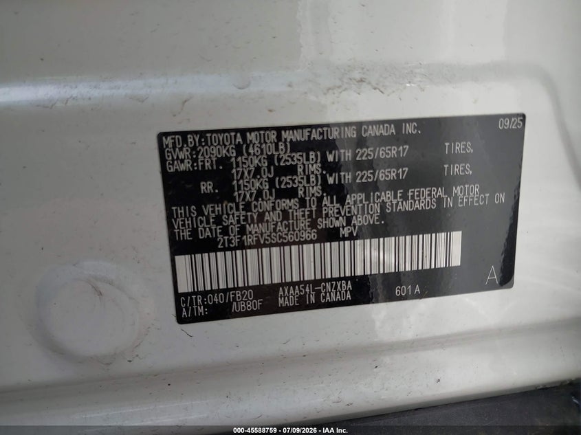 2025 Toyota Rav 4 VIN 2T3F1RFV5SC560966 IAAI salvage auction — BIOHAZARD/CHEMICAL, Wait Title, sold $4,350 on 2026-09-08 (photo 9)