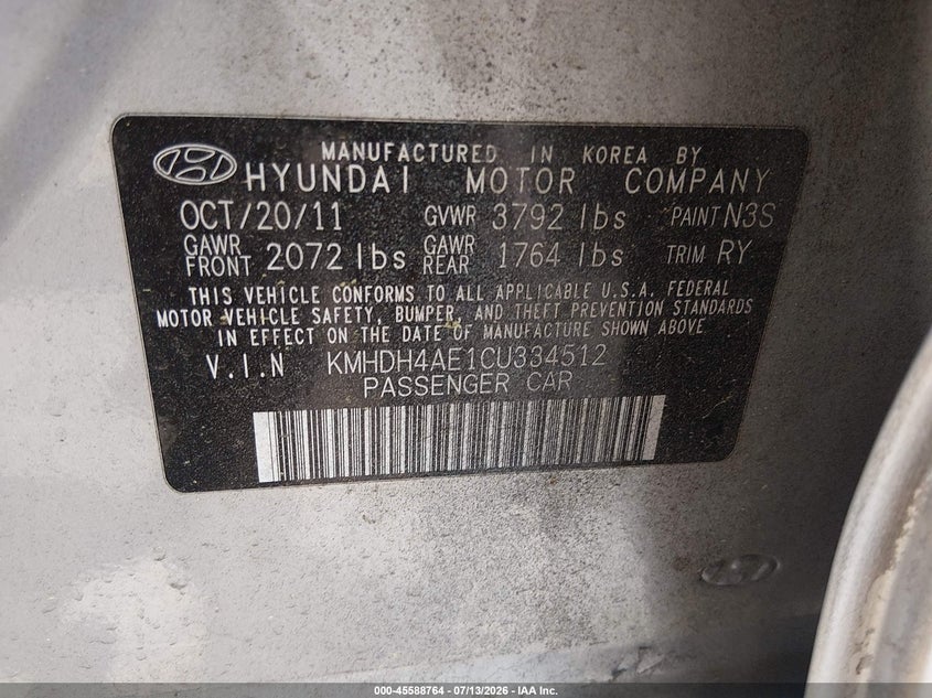 2012 Hyundai Elantra VIN KMHDH4AE1CU334512 IAAI salvage auction — UNKNOWN, Salvage Title, sold $425 on 2026-07-19 (photo 9)