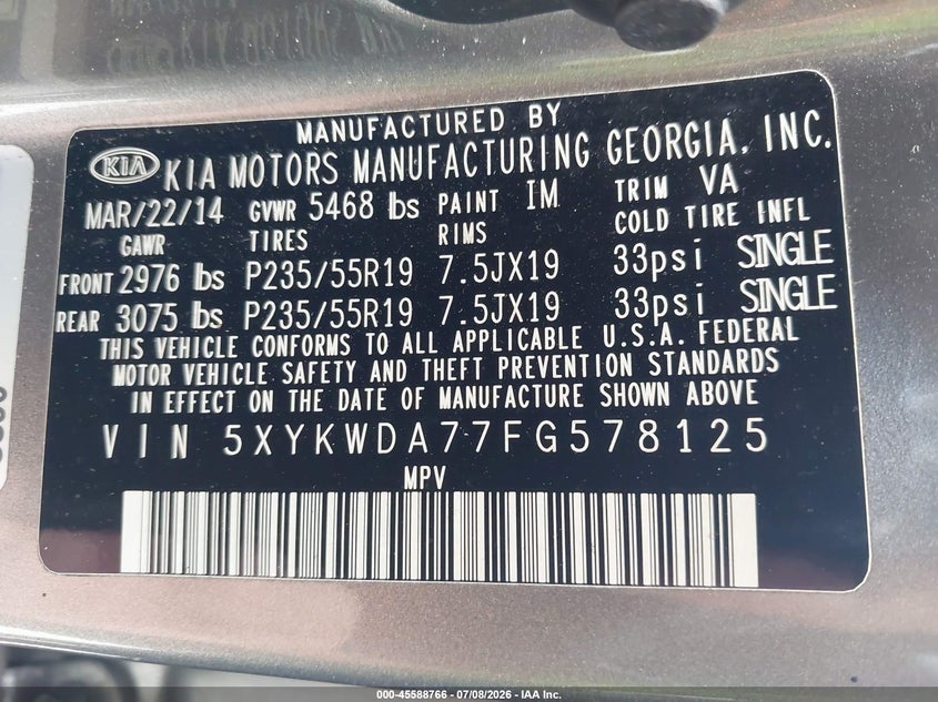 2015 Kia Sorento VIN 5XYKWDA77FG578125 IAAI salvage auction — NORMAL WEAR, Clear (Florida), sold $2,250 on 2026-07-13 (photo 9)