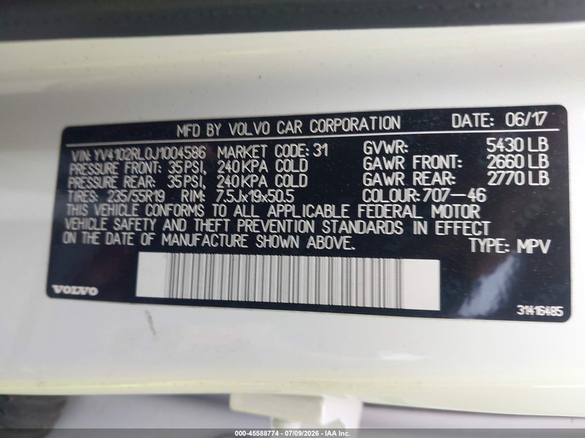 2018 Volvo Xc60 VIN YV4102RL0J1004586 IAAI salvage auction — FRONT END, Salvage (Louisiana), sold $5,600 on 2026-08-02 (photo 9)