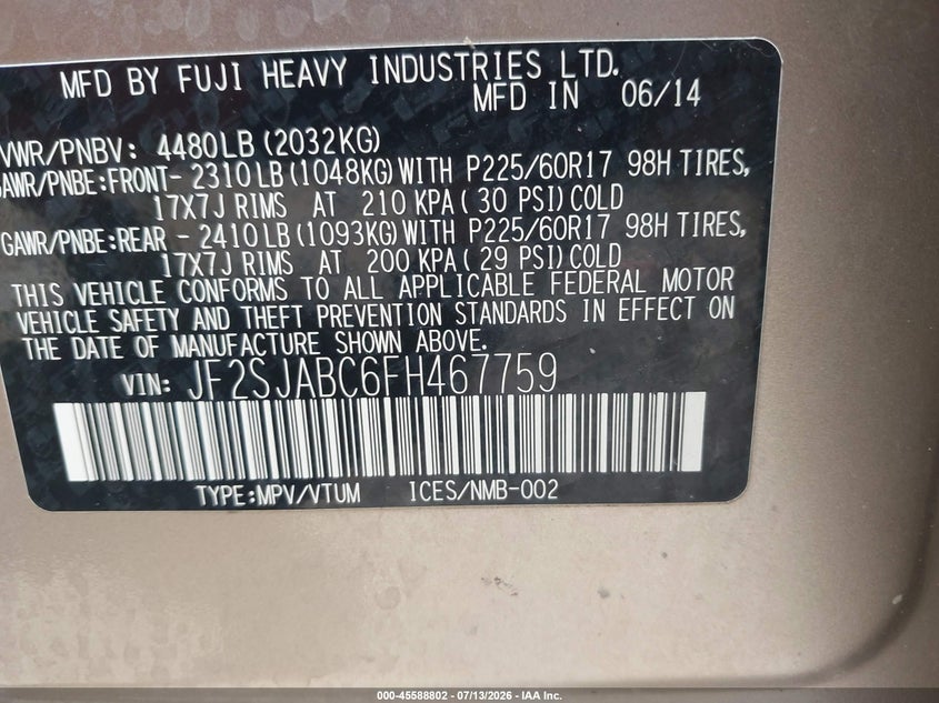 2015 Subaru Forester VIN JF2SJABC6FH467759 IAAI salvage auction — LEFT SIDE, Mv-907A (New York), sold $1,200 on 2026-07-28 (photo 9)