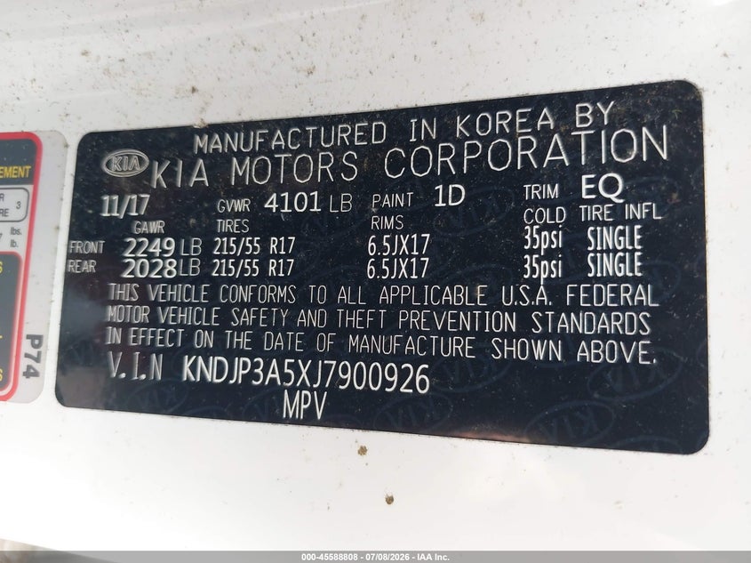 2018 Kia Soul VIN KNDJP3A5XJ7900926 IAAI salvage auction — NORMAL WEAR, Salvage Title, sold $1,500 on 2026-07-14 (photo 9)