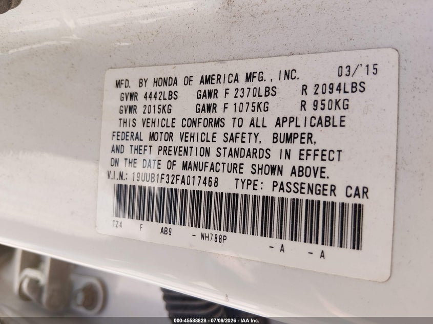 2015 Acura Tlx VIN 19UUB1F32FA017468 IAAI salvage auction — RIGHT SIDE, Wait Title, sold $950 on 2026-09-02 (photo 9)