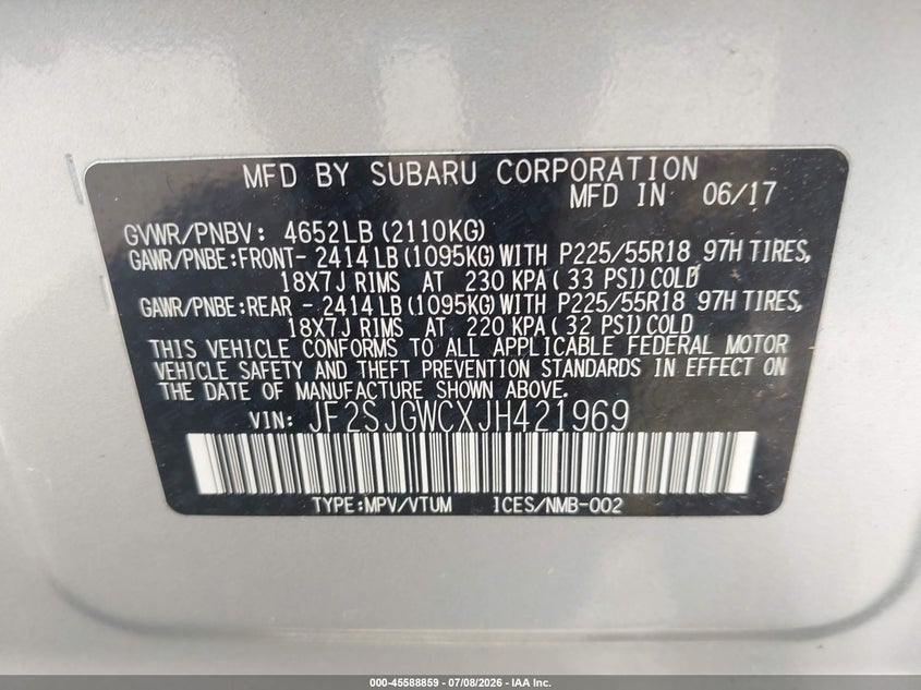 2018 Subaru Forester VIN JF2SJGWCXJH421969 IAAI salvage auction — NORMAL WEAR, Salvage Title, sold $1,975 on 2026-07-29 (photo 9)