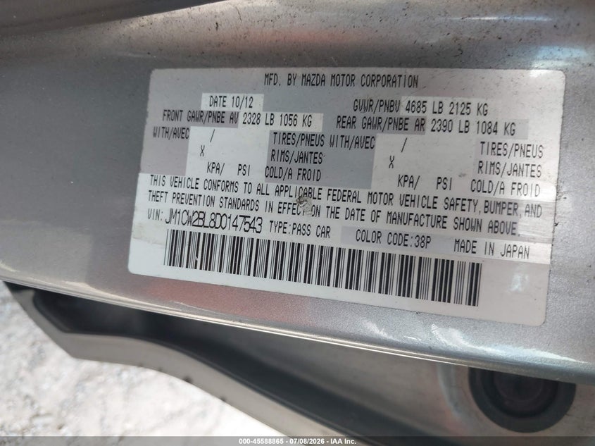 2013 Mazda 5 VIN JM1CW2BL8D0147543 IAAI salvage auction — NORMAL WEAR, Clear (Pennsylvania), sold $700 on 2026-07-17 (photo 9)