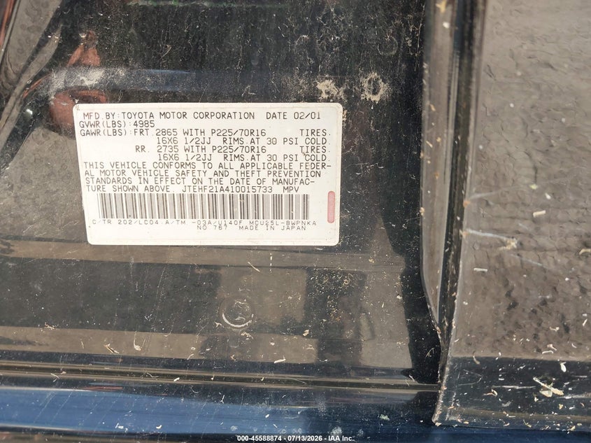 2001 Toyota Highlander VIN JTEHF21A410015733 IAAI salvage auction — NORMAL WEAR, Regular Certificate (Iowa), sold $400 on 2026-07-20 (photo 9)