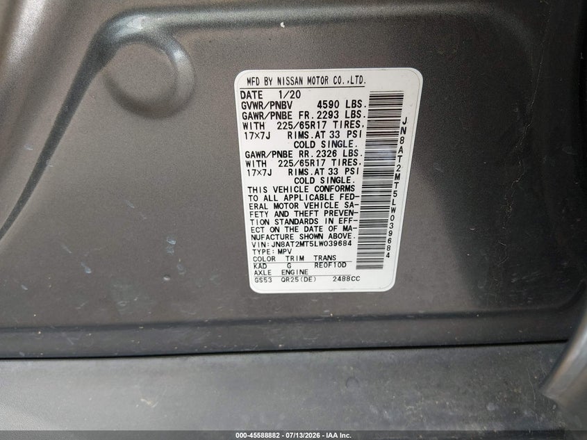 2020 Nissan Rogue VIN JN8AT2MT5LW039684 IAAI salvage auction — RIGHT REAR, Salvage Title, sold $3,400 on 2026-07-29 (photo 9)