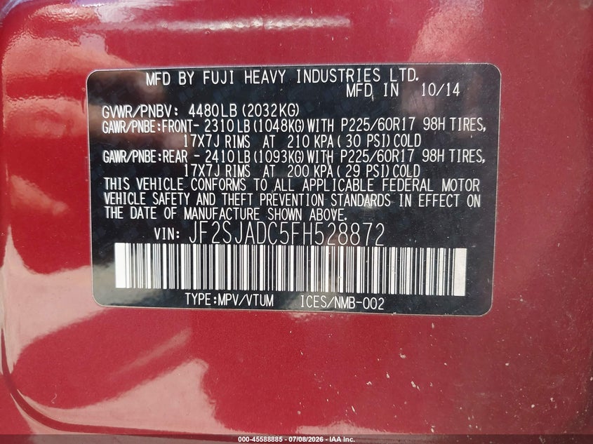 2015 Subaru Forester VIN JF2SJADC5FH528872 IAAI salvage auction — NORMAL WEAR, Clear (Virginia), sold $725 on 2026-07-29 (photo 9)