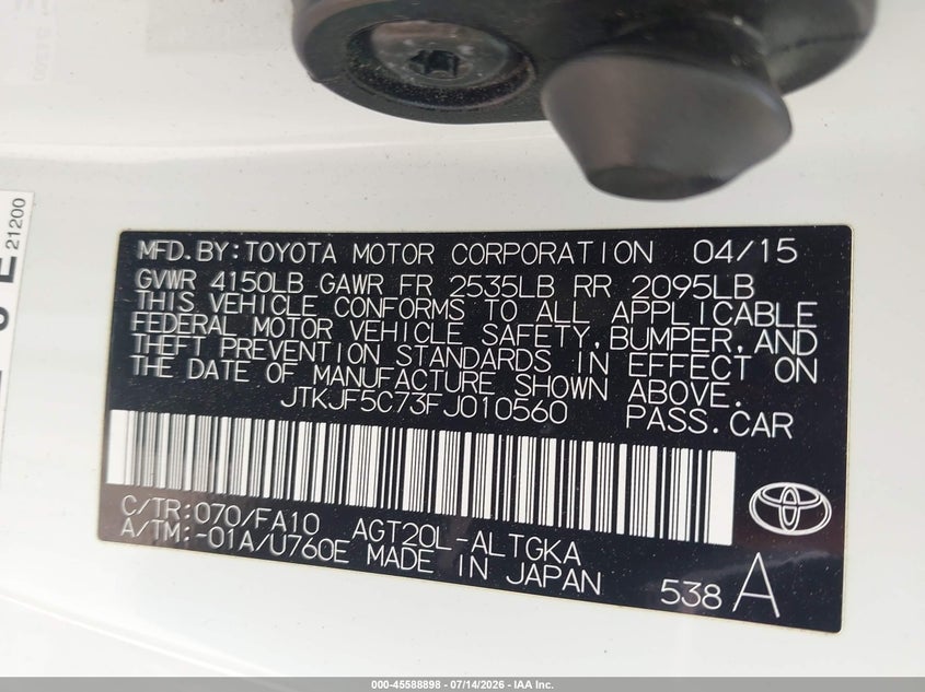 2015 Scion Tc VIN JTKJF5C73FJ010560 IAAI salvage auction — RIGHT FRONT, Clear (Massachusetts), sold $1,250 on 2026-07-28 (photo 8)