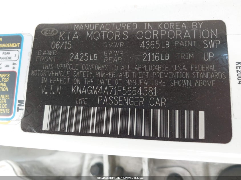 2015 Kia Optima VIN KNAGM4A71F5664581 IAAI salvage auction — UNDERCARRIAGE, Salvage Title, sold $675 on 2026-07-23 (photo 9)