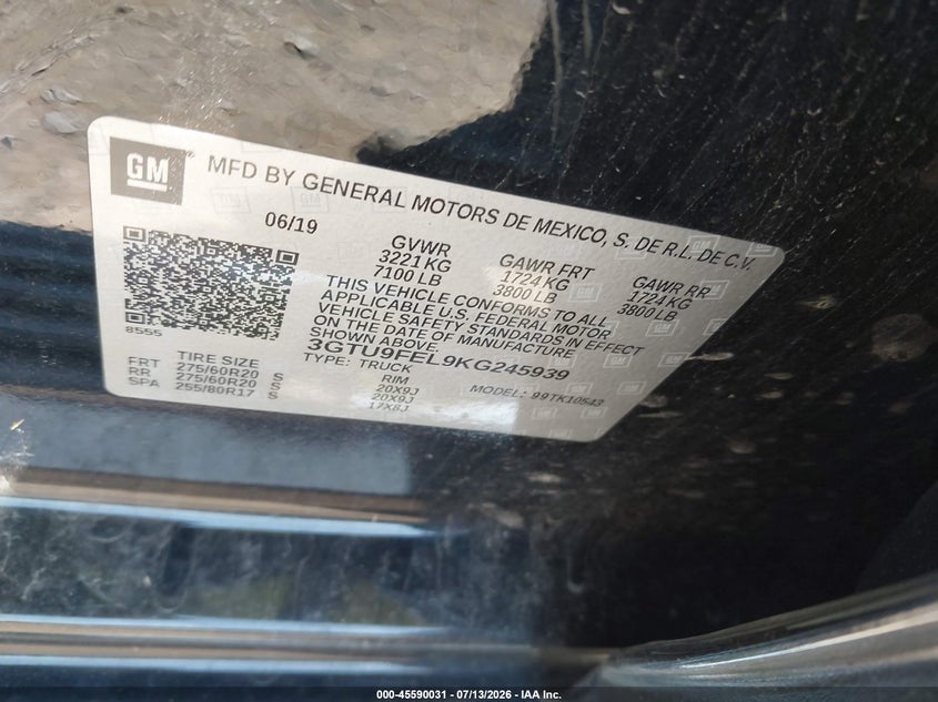 2019 Gmc SIERRA VIN 3GTU9FEL9KG245939 IAAI salvage auction — FRONT END, Salvage Title, sold $14,200 on 2026-07-23 (photo 9)