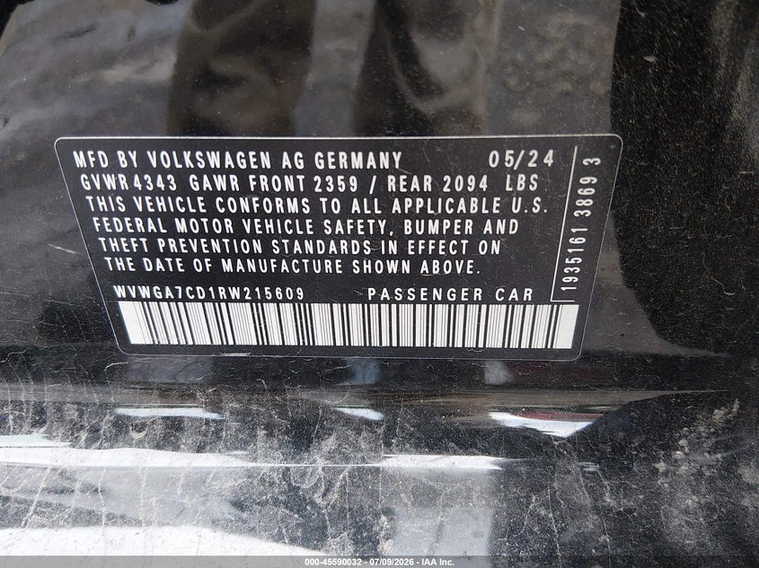 2024 Volkswagen Golf gti VIN WVWGA7CD1RW215609 IAAI salvage auction — ENGINE DAMAGE, Salvage Title, sold $13,900 on 2026-07-17 (photo 9)