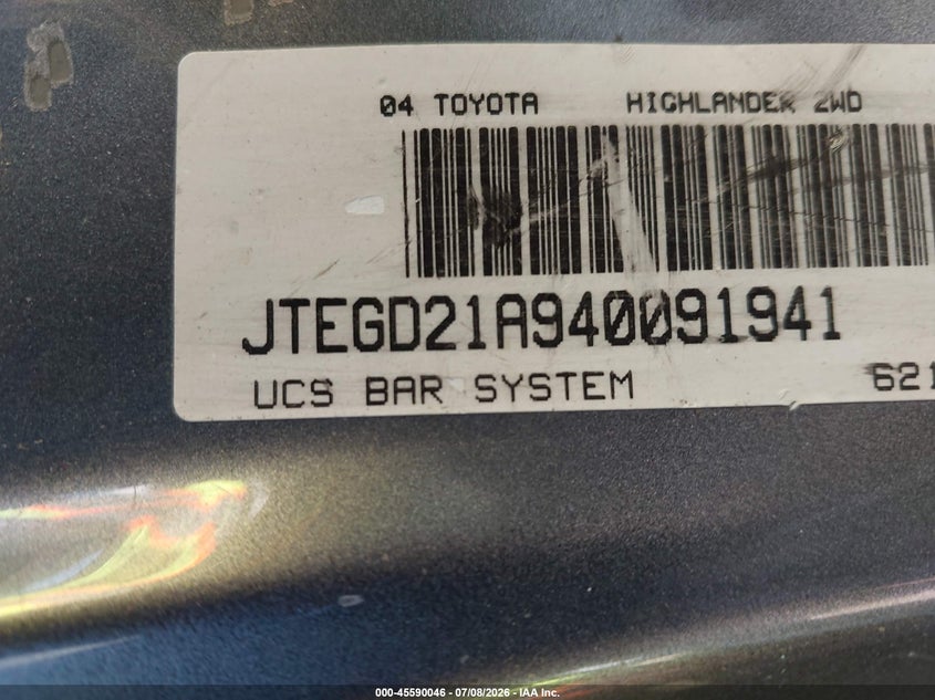 2004 Toyota Highlander VIN JTEGD21A940091941 IAAI salvage auction — NORMAL WEAR, Clear-Dealer Only (Texas), sold $350 on 2026-07-29 (photo 9)