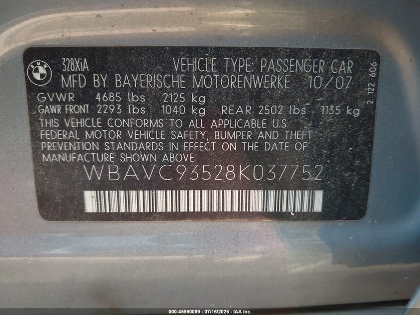 2008 BMW 3 series VIN WBAVC93528K037752 IAAI salvage auction — RIGHT FRONT, Clear (Virginia), sold $350 on 2026-07-25 (photo 9)