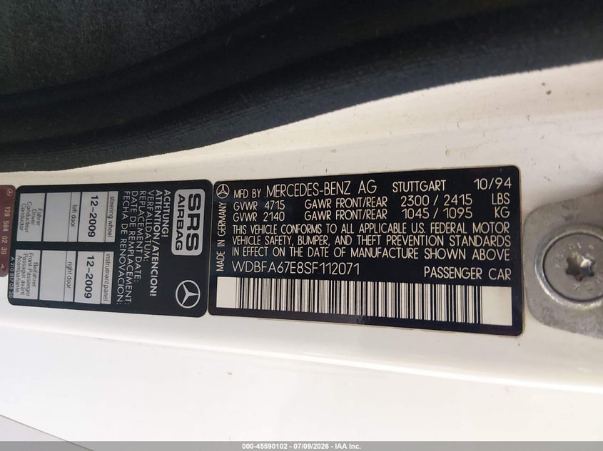 1995 Mercedes-benz Sl-class VIN WDBFA67E8SF112071 IAAI salvage auction — NORMAL WEAR, Clear (Colorado), sold $1,150 on 2026-07-28 (photo 9)