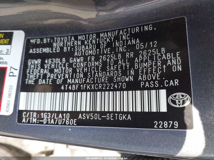 2012 Toyota Camry VIN 4T4BF1FKXCR222470 IAAI salvage auction — FRONT END, Wait Title, sold $2,950 on 2026-08-16 (photo 9)