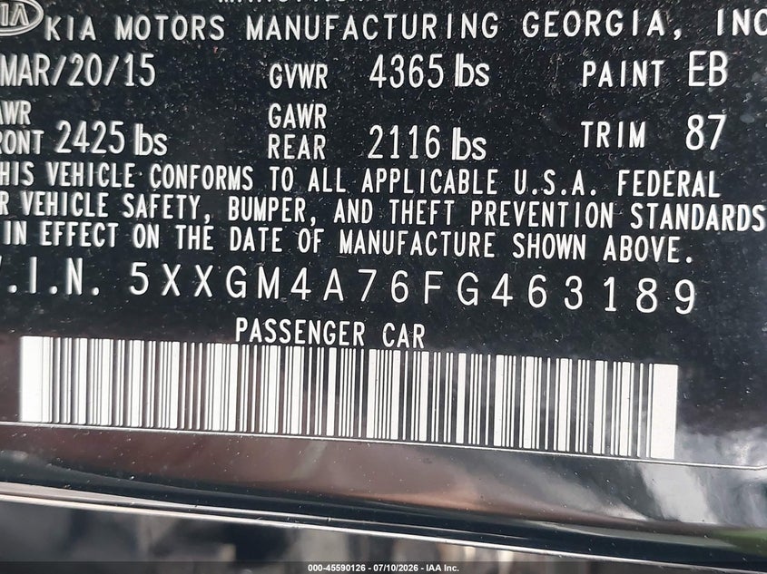 2015 Kia Optima VIN 5XXGM4A76FG463189 IAAI salvage auction — THEFT, Salvage - Greater Than 75% (Maryland), sold $1,150 on 2026-08-01 (photo 9)