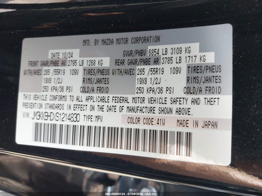 2025 Mazda Cx-90 VIN JM3KKBHDXS1214830 IAAI salvage auction — FRONT END, Salvage Title, sold $10,450 on 2026-07-14 (photo 9)