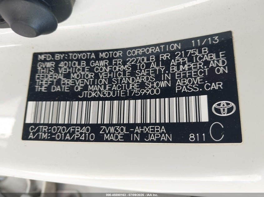 2014 Toyota Prius VIN JTDKN3DU1E1759900 IAAI salvage auction — REAR END, Salvage (North Carolina), sold $175 on 2026-07-30 (photo 9)