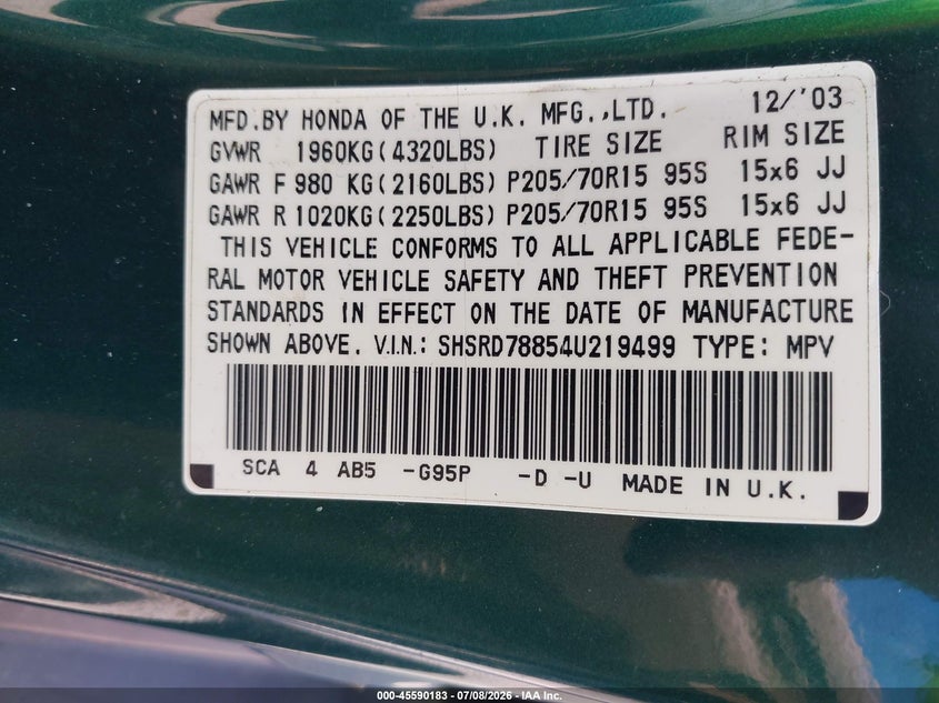 2004 Honda Cr-v VIN SHSRD78854U219499 IAAI salvage auction — NORMAL WEAR, Clear (Maryland), sold $925 on 2026-07-16 (photo 9)
