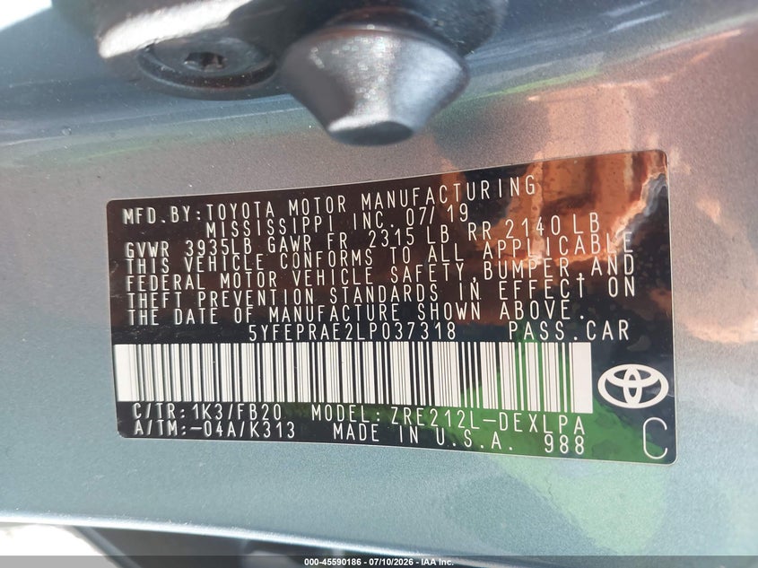 2020 Toyota Corolla VIN 5YFEPRAE2LP037318 IAAI salvage auction — REAR END, Salvage - Greater Than 75% (Maryland), sold $4,300 on 2026-07-31 (photo 9)
