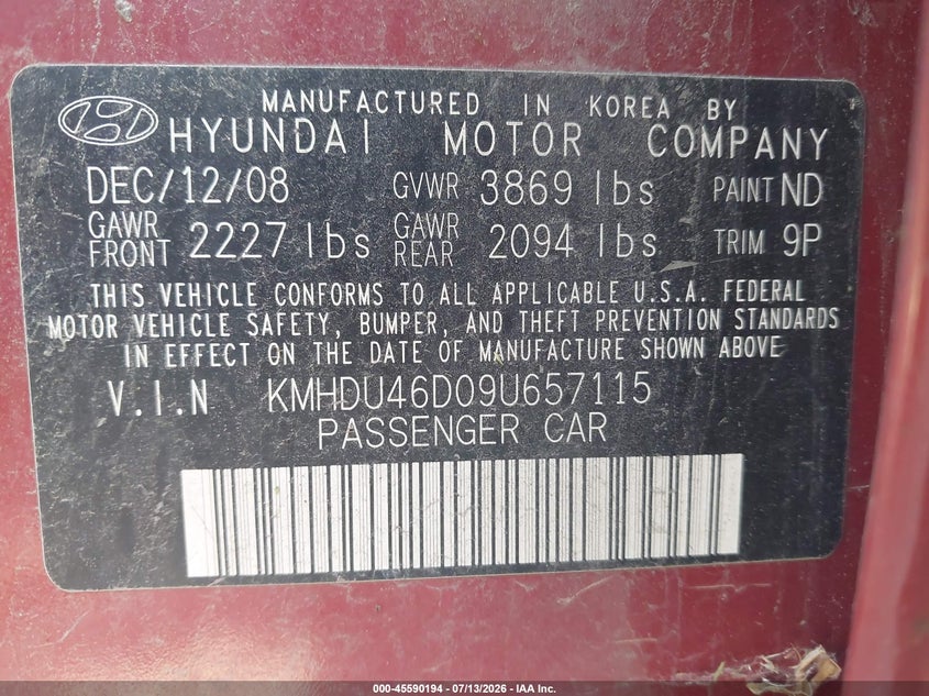 2009 Hyundai Elantra VIN KMHDU46D09U657115 IAAI salvage auction — NORMAL WEAR, Clear (New York), sold $575 on 2026-07-23 (photo 9)