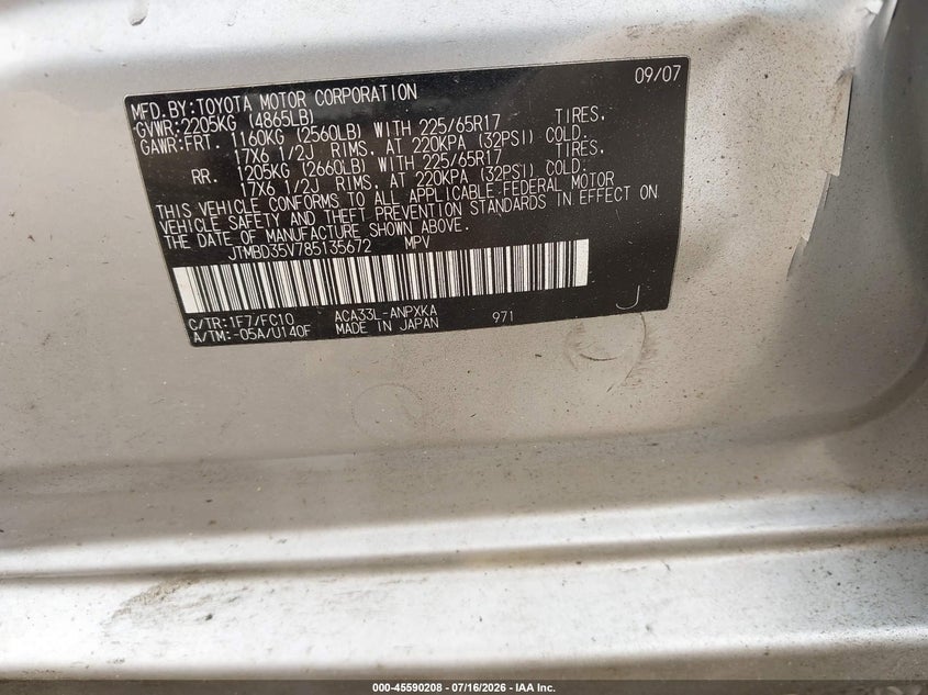 2008 Toyota Rav4 VIN JTMBD35V785135672 IAAI salvage auction — ROLLOVER, Mv-907A (New York), sold $450 on 2026-07-31 (photo 9)