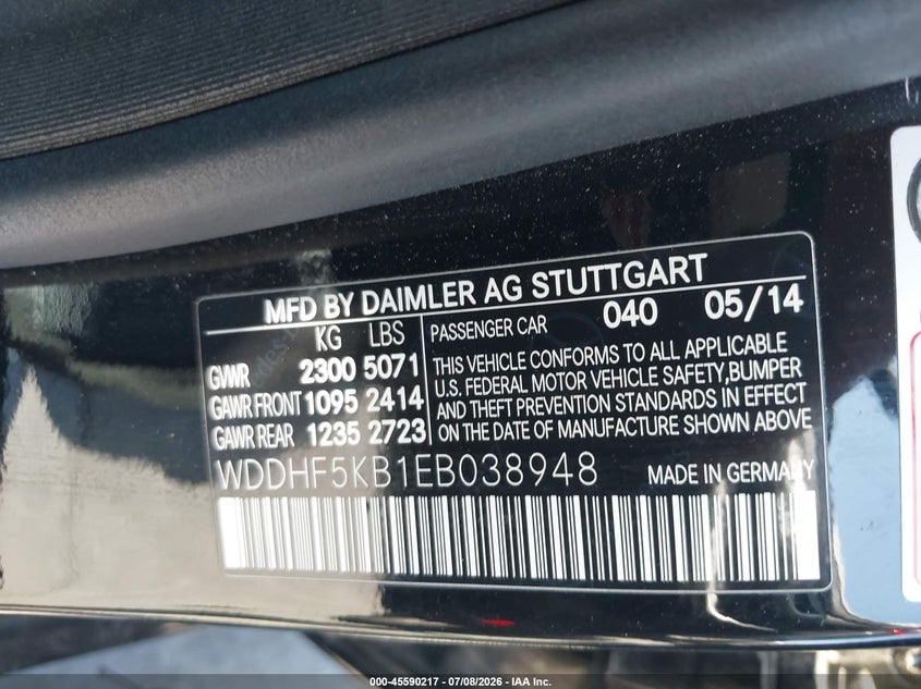 2014 Mercedes-benz E-klasse VIN WDDHF5KB1EB038948 IAAI salvage auction — ENGINE DAMAGE, Salvage Title, sold $2,850 on 2026-07-22 (photo 9)