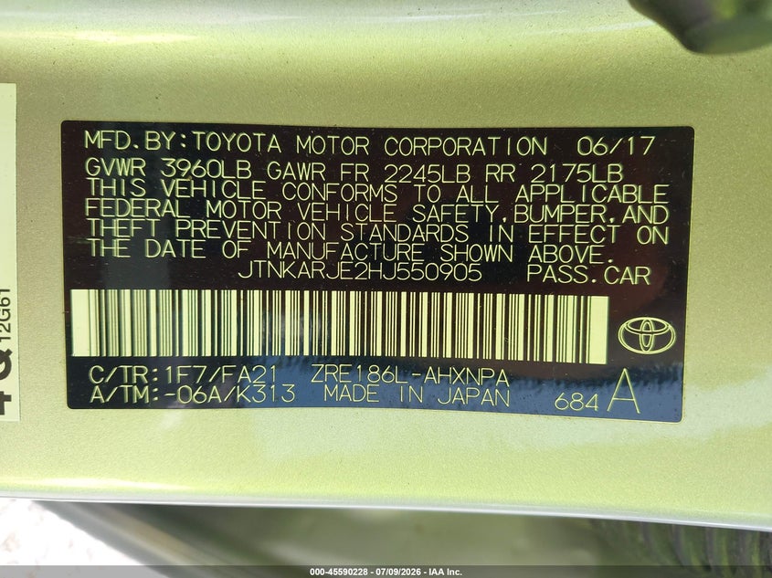 2017 Toyota Corolla VIN JTNKARJE2HJ550905 IAAI salvage auction — SIDE, Salvage (Tennessee), sold $600 on 2026-07-30 (photo 9)