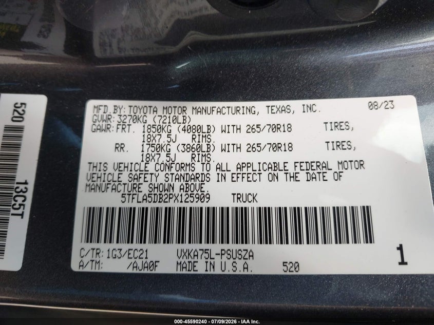 2023 Toyota Tundra VIN 5TFLA5DB2PX125909 IAAI salvage auction — LEFT FRONT, Salvage (Pennsylvania), sold $13,200 on 2026-07-28 (photo 9)