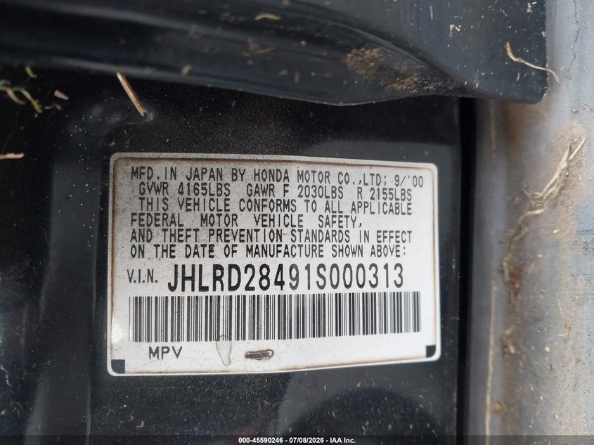 2001 Honda Cr-v VIN JHLRD28491S000313 IAAI salvage auction — NORMAL WEAR, Clear (Georgia), sold $550 on 2026-07-24 (photo 9)