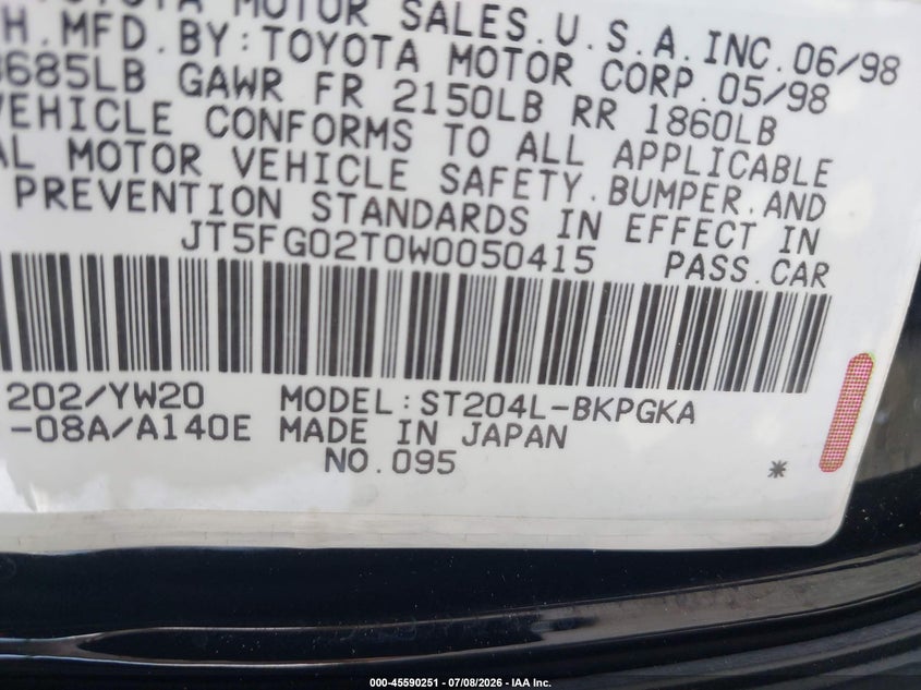 1998 Toyota Celica VIN JT5FG02T0W0050415 IAAI salvage auction — NORMAL WEAR, Clear (Louisiana), sold $700 on 2026-07-22 (photo 9)