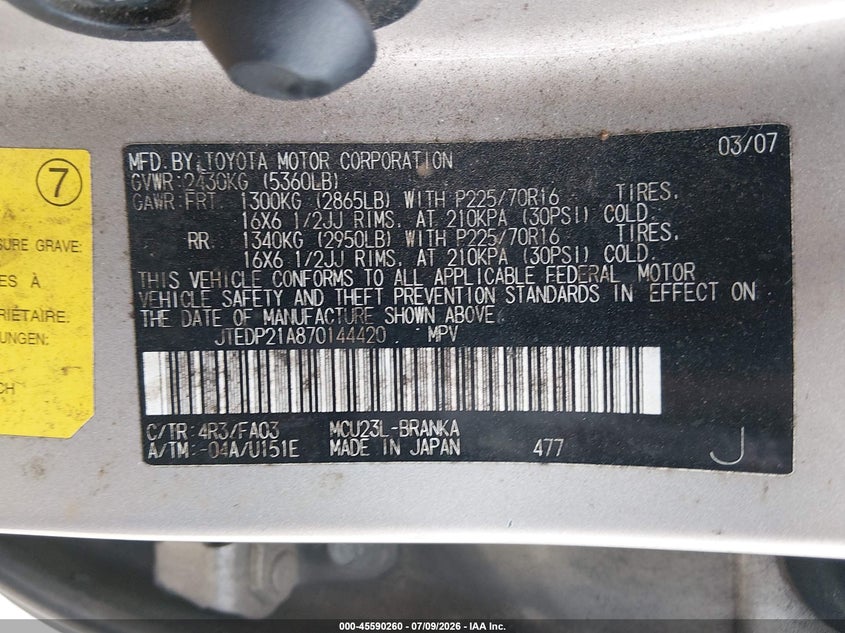 2007 Toyota Highlander VIN JTEDP21A870144420 IAAI salvage auction — NORMAL WEAR, Clear (Georgia), sold $625 on 2026-07-30 (photo 9)