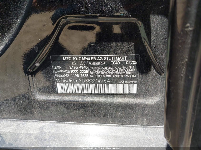 2008 Mercedes-benz E-class VIN WDBUF56X58B304764 IAAI salvage auction — NORMAL WEAR, Salvage (California), sold $400 on 2026-07-31 (photo 9)