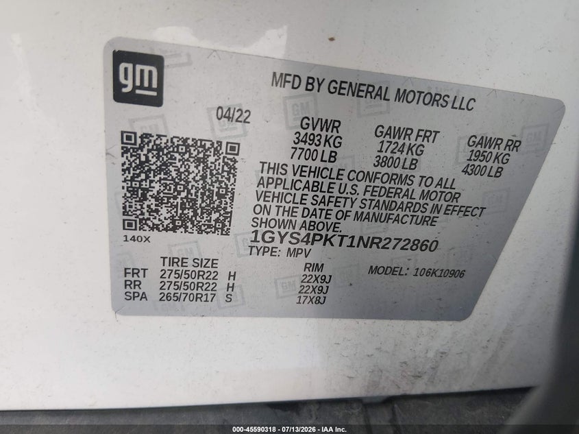 2022 Cadillac Escalade VIN 1GYS4PKT1NR272860 IAAI salvage auction — REAR END, Clear (South Carolina), sold $45,150 on 2026-08-10 (photo 9)