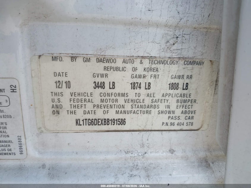 2011 Chevrolet Aveo VIN KL1TG6DEXBB191586 IAAI salvage auction — NORMAL WEAR, Clear (Maryland), sold $225 on 2026-07-28 (photo 9)