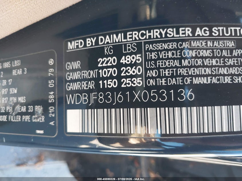2001 Mercedes-benz E-class VIN WDBJF83J61X053136 IAAI salvage auction — NORMAL WEAR, Clear - Dealer Only (California), sold $725 on 2026-07-20 (photo 9)