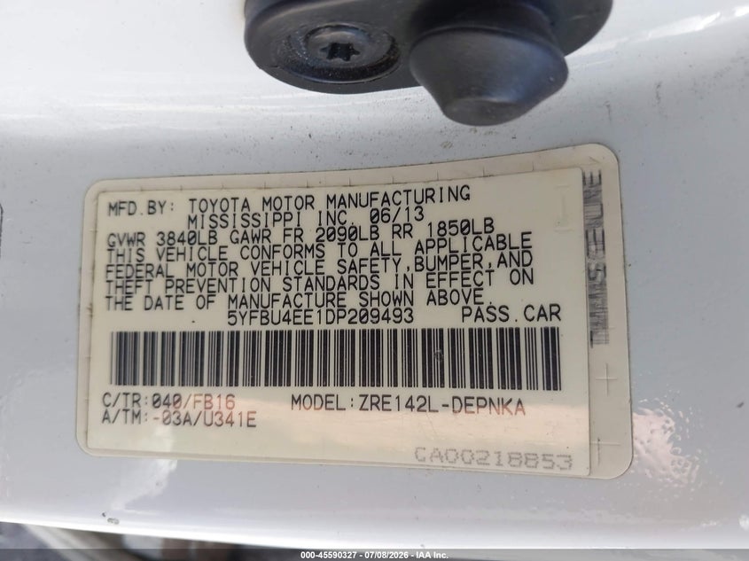 2013 Toyota Corolla VIN 5YFBU4EE1DP209493 IAAI salvage auction — NORMAL WEAR, Salvage Title, sold $1,500 on 2026-07-28 (photo 9)