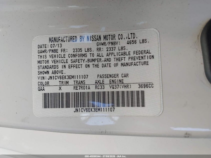 2014 Infiniti Q60 VIN JN1CV6EK3EM111107 IAAI salvage auction — THEFT, Salvage Title, sold $2,150 on 2026-08-02 (photo 9)