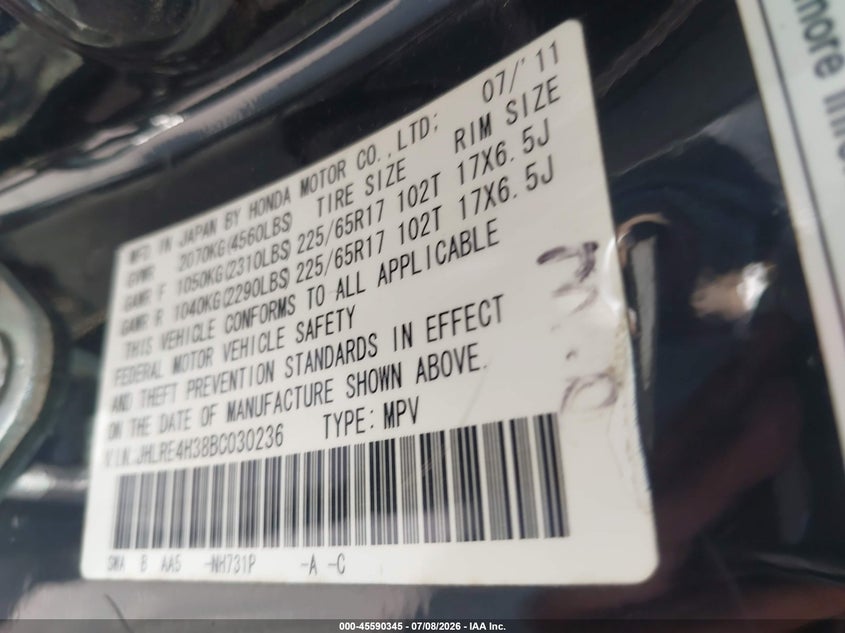 2011 Honda Cr-v VIN JHLRE4H38BC030236 IAAI salvage auction — NORMAL WEAR, Clear (Georgia), sold $1,000 on 2026-08-01 (photo 9)