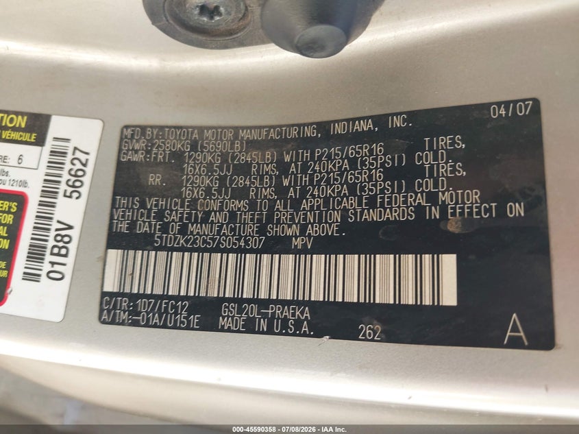 2007 Toyota Sienna VIN 5TDZK23C57S054307 IAAI salvage auction — NORMAL WEAR, Clear (Arizona), sold $150 on 2026-07-30 (photo 9)