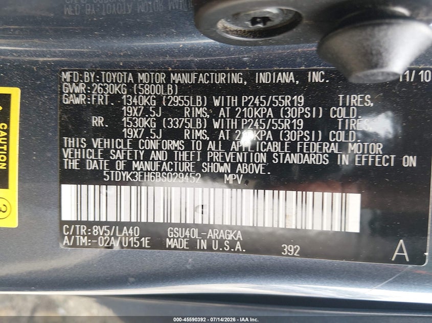 2011 Toyota Highlander VIN 5TDYK3EH6BS029452 IAAI salvage auction — NORMAL WEAR, Clear (Georgia), sold $4,600 on 2026-07-30 (photo 9)